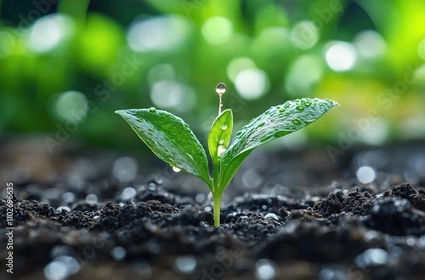Obraz Raindrop Nurturing a Young Shoot - Embracing Nature's Growth and Harmony