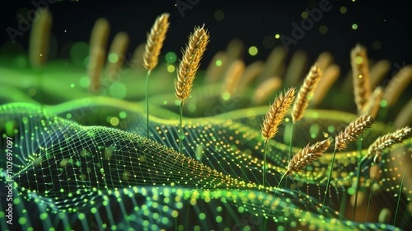 Obraz A vibrant AI-generated image showcasing a futuristic wheat field. Golden wheat stalks rise from a digital landscape of glowing green grid lines, blending nature and technology. AI generated.