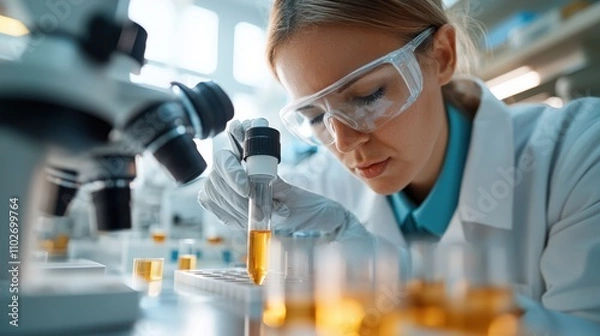 Fototapeta In a bright lab environment, a female scientist with goggles examines samples with dedication, showcasing the precision and focus of scientific investigation.