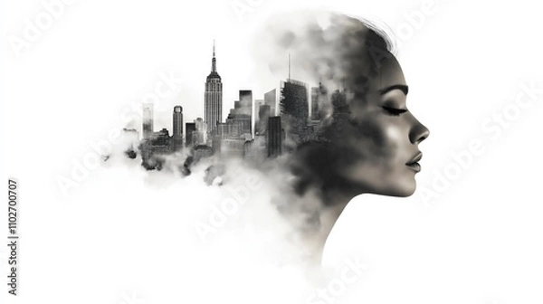 Fototapeta Abstract Emotional Portrait with Urban Silhouette, High Contrast Watercolor Art on White Background