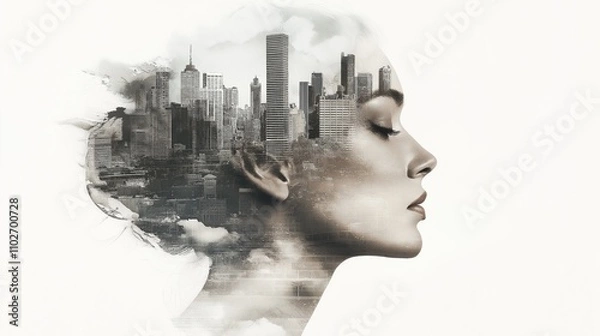 Fototapeta Abstract Emotional Portrait with Urban Silhouette, High Contrast Watercolor Art on White Background
