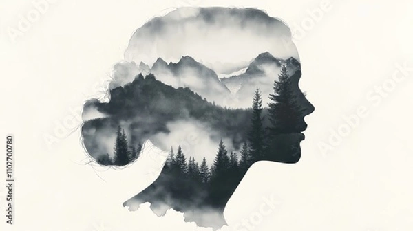 Fototapeta Black and white watercolor double exposure of a woman's face with the silhouette of mountains, on a white background. --ar 16:9 --v 6.1 Job ID: 5df1a560-5a37-4859-a4e7-af0a01fb6b06