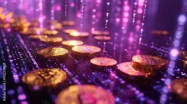 Obraz Rows of golden cryptocurrency coins on a neon-lit digital surface, bathed in futuristic light and data flows, representing the modern cryptocurrency market. AI generated.