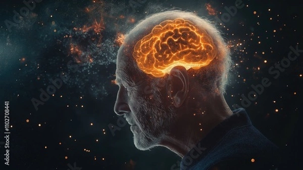 Obraz Animated Visualization of Brain Health and Mental Balance in Older Adult. Energetic Crown Chakra Flow and Thought Wave Emanation.