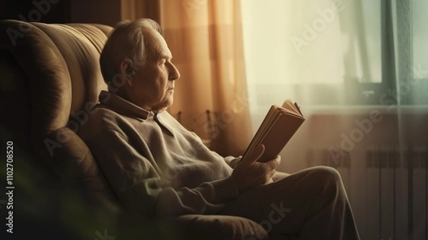 Obraz Contemplative Senior Man Reading Book in Cozy Armchair, Embodying Brain Aging Concept