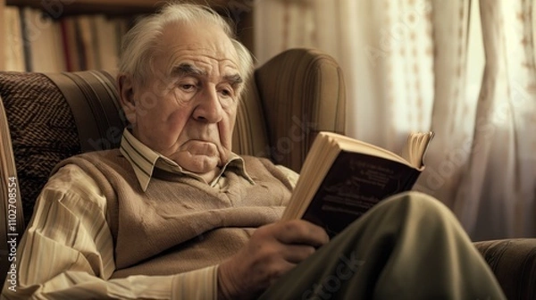 Obraz Contemplative Senior Man Reading Book in Cozy Armchair, Embodying Brain Aging Concept