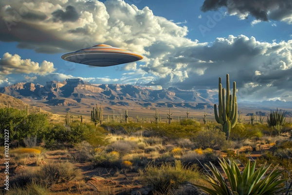 Fototapeta Desert and flying saucers in the sky at sunset in the clouds