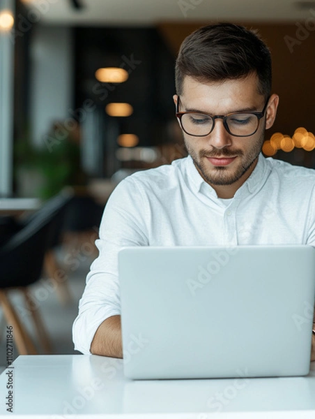 Fototapeta young man in white shirt works intently on laptop in bright, contemporary office space. modern design and focus on productivity create inspiring atmosphere
