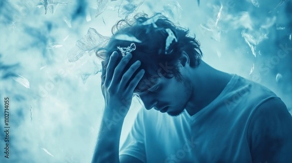 Obraz Man in Distress with Glass Particles, Embodying Mental Health Struggles and Anxiety Symptoms.