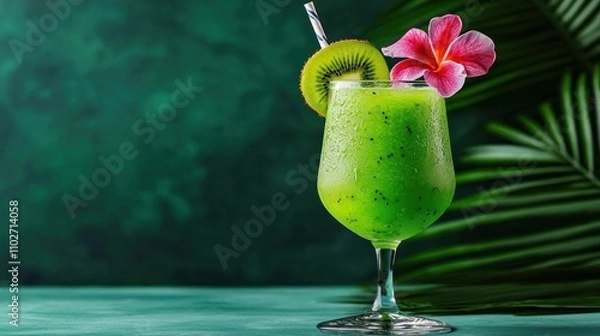 Fototapeta A vibrant green smoothie garnished with kiwi and a pink flower, served in a stylish glass against a lush, tropical backdrop.