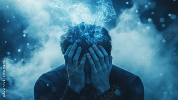 Obraz Man in Distress with Glass Particles, Embodying Mental Health Struggles and Anxiety Symptoms.