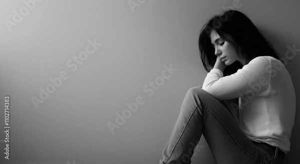 Obraz Woman in Distress: Embracing Knees against Bare Wall, Exuding Anxiety and Solitude.