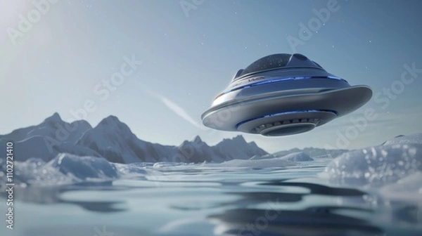 Fototapeta Advanced Spacecraft Hovering Over Uranus' Icy Terrain with Starry Background - Symbolizing Solar System Exploration