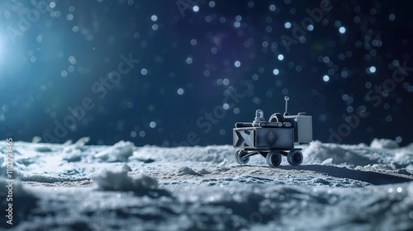 Fototapeta Advanced Spacecraft Hovering Over Uranus' Icy Terrain with Starry Background - Symbolizing Solar System Exploration