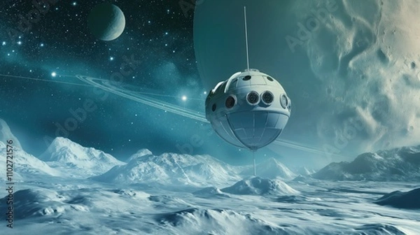 Obraz Advanced Spacecraft Hovering Over Uranus' Icy Terrain with Starry Background - Symbolizing Solar System Exploration
