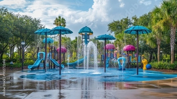 Obraz A colorful splash pad with water features and slides in a sunny park setting.
