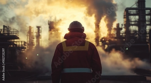 Fototapeta  Industrial Safety Professional in Hazardous Environment, Emphasizing Protective Gear and Tense Atmosphere.