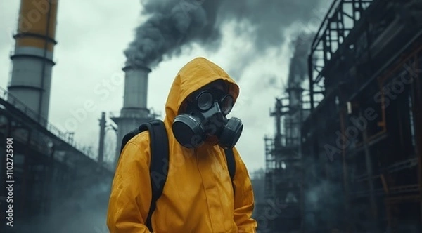 Fototapeta Young Man in Industrial Jacket and Gas Mask in Front of Smoky Factory Scene, Urban Industrial Concept