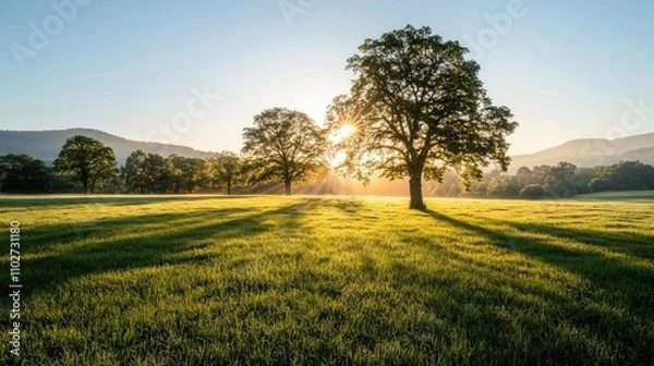 Obraz Sunrise over a lush field with trees casting long shadows.