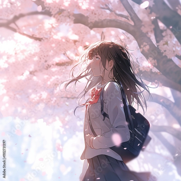 Obraz 桜の木の下に立つ女学生