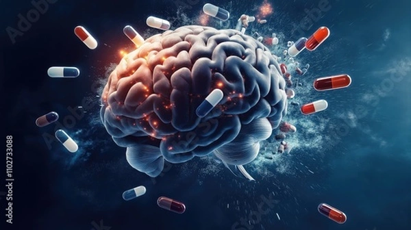 Obraz  Medication Interaction with Human Brain Illustration, Dynamic Explosion and Liquid Flow