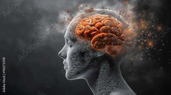 Obraz Emotional Depth Illustration: Human Head with Orange Brain, Particles Erupting, Despair Expression, Realistic Detail, Motion Blur, Dark Gray Background.