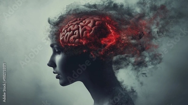Obraz Hyper-Realistic Brain Damage Art Concept - Human Head Profile with Exploding Brain, Red and Black Details on Grey Background