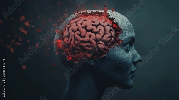 Obraz Abstract Brain Deterioration Concept Art - Human Head with Crumbling Brain and Red Particle Spread