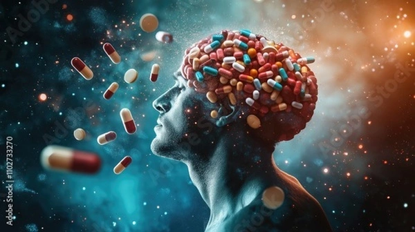 Obraz Man's Head with Pills Exiting Brain, Abstract Cosmic Background, Mental Health Medication Concept