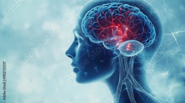 Obraz Illustration of Brain Tension Symptoms in Women: Profile View with Red Veins and Nervous System Cross-Section .Brain Damage. 