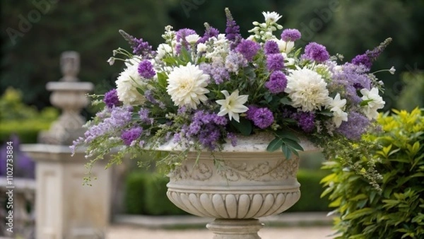 Fototapeta Freshly picked purple and white flowers arranged in a decorative urn with lush greenery creating a stunning focal point for any room, , floral arrangement