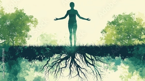 Fototapeta Create an image representing Bioenergetic Therapy: depict a person performing grounding exercises, such as standing firmly on the ground 