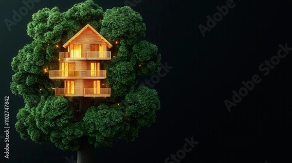 Fototapeta Success prosperity and hard work, A wooden treehouse illuminated at night, surrounded by lush greenery, creating a cozy and enchanting atmosphere.