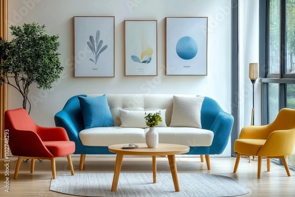 Fototapeta scandinavian interior design of modern living room  vibrant colorful  furniture