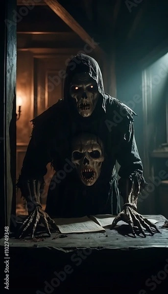 Obraz Undead Creature with Glowing Red Eyes and Scarred Skull