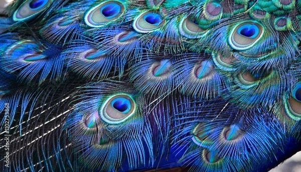 Fototapeta Vibrant peacock feathers, a mesmerizing display of blue, green, and iridescent hues.