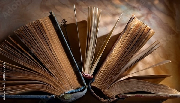 Fototapeta Aged books open wide, revealing pages filled with stories and wisdom.