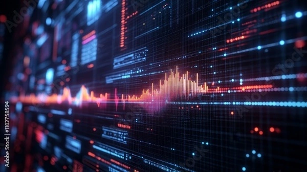 Obraz Modern energy grid simulation with peak power demand and sustainability metrics displayed on holographic monitors. Professionals analyzing data in a high-tech environment, 4k resolution.
