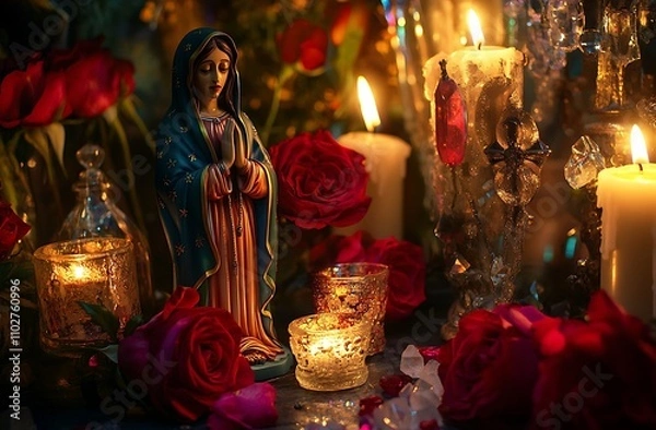 Obraz Virgin Mary Statue with Candlelit Floral and Fruit Offering Display