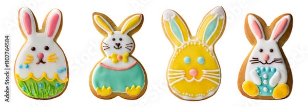 Fototapeta Colorful decorated Easter bunny cookies on white background.