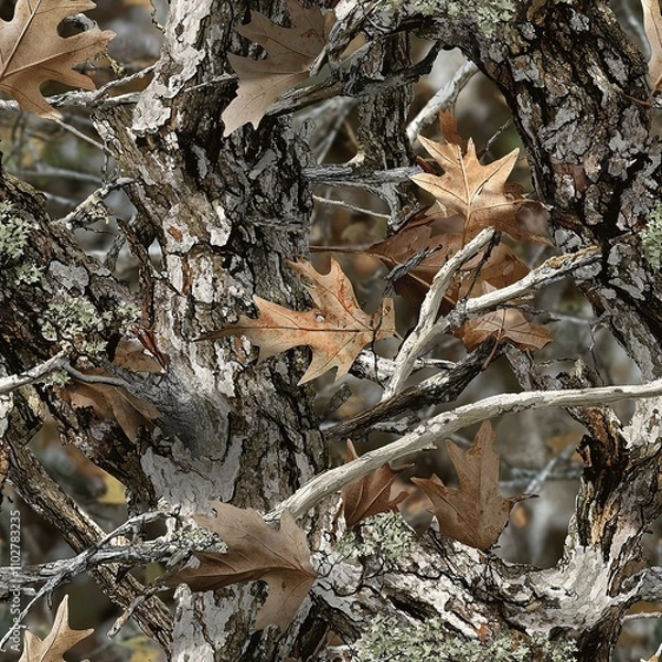 Fototapeta Close Up Oak Tree, Oak Leaves and Branches Hunter Camouflage Pattern, Seamless Camo Texture