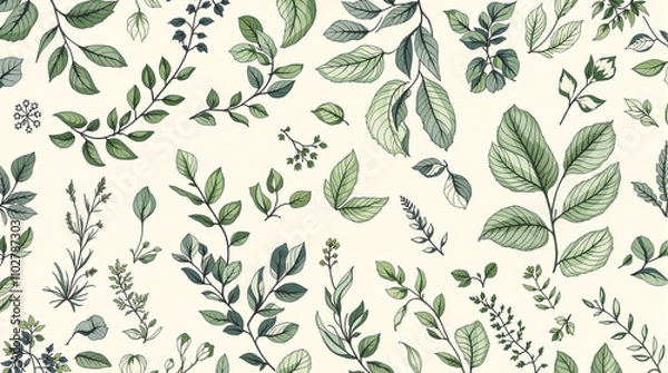 Fototapeta Delicate Botanical Pattern of Various Greenery on a Cream Background