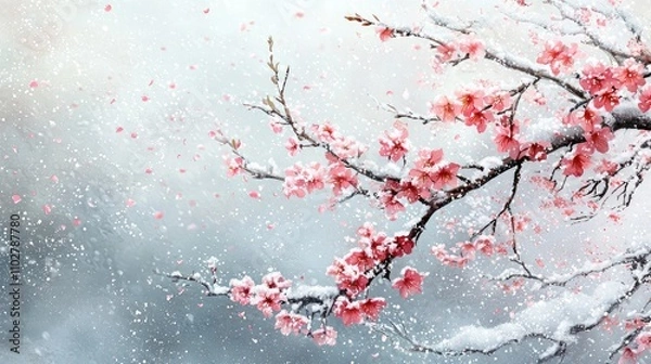 Fototapeta magical cherry blossom in snow, realistic