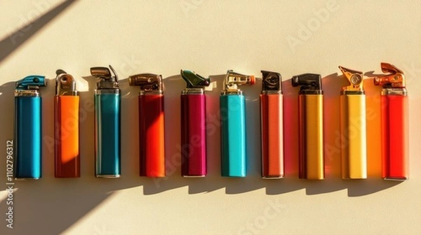 Fototapeta Colorful Lighters Arranged in a Row on a Light Surface