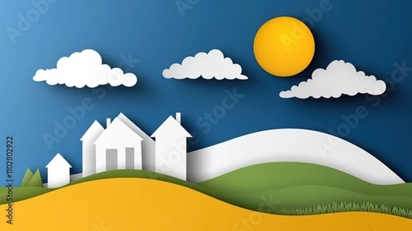 Fototapeta Creative Paper Cutout Landscape with White Houses, Green Hills, Yellow Sun, and Blue Sky in a Charming and Simplistic Design for Backgrounds and Illustrations