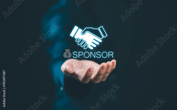 Fototapeta Sponsorship concept. Business between fund sponsors Resources or services. Businesswoman showing sponsor icon on virtual screen.