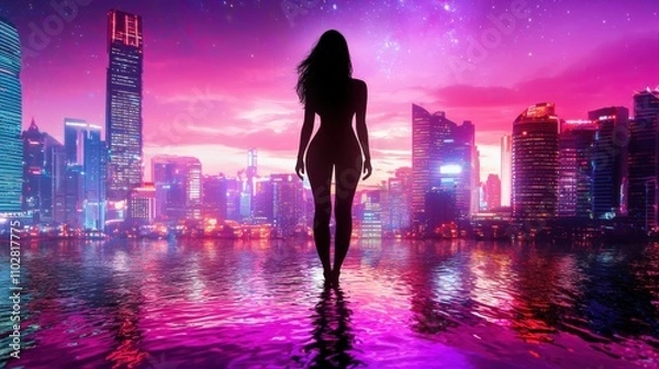 Fototapeta Mesmerizing Futuristic Cityscape Reflection with Alluring Silhouetted Female Figure