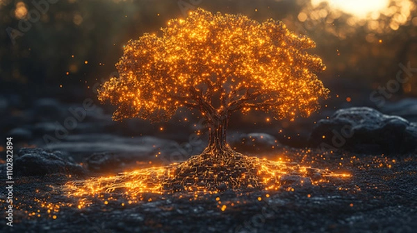Fototapeta digital golden tree resembling a circuit board, symbolizing technology and nature's interconnectedness, set against an empty blank background, evoking a sense of innovation and potential