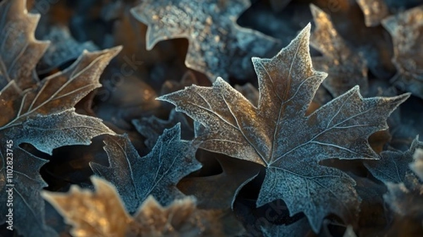 Fototapeta Frost-covered maple leaves, autumnal scene.