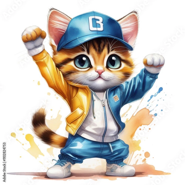 Obraz Playful cats with a mouse ball and cup in a cute cartoon style illustration
